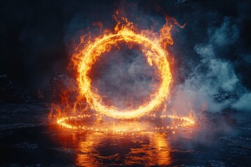 Wall Mural - Fiery Ring of Flame in Mystical Dark Environment with Smoke