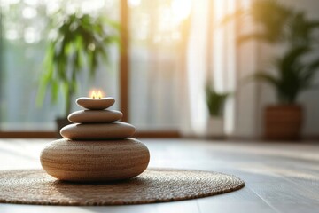 Wall Mural - Tranquil Zen Stones with Candle on Natural Mat in Calm Environment