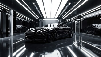 Aufkleber - A sleek black sports car showcased in a modern, reflective showroom environment.