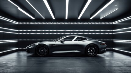 Aufkleber - A sleek, modern car showcased in a futuristic, illuminated environment.