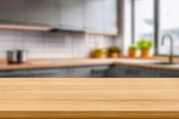 Wall Mural - Kitchen wood table top for product display with blurred modern interior. Wooden tabletop over defocused kitchen background. kitchen furniture and desk space. product promotion in the kitchen