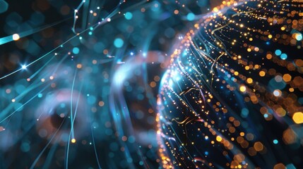Wall Mural - Complex data streams flowing and swirling around a digital sphere, creating a dynamic visualization of global network connectivity and information exchange in the age of big data
