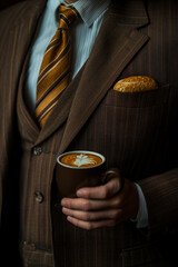a close-up photo of a man in an elegant suit, holding a coffee mug in one hand and a freshly baked b