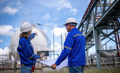 Sticker - Engineers wearing safety gear, including hard hats examining survey detail standing industrial facility gas or oil refinery engaged in a job requires high safety standards concept.	