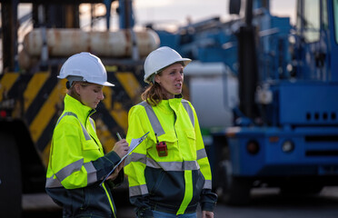 Engineer or dockworker working in the construction container dock yard checking and inspection containers data on computer program environment is container shipping Logistics business concept.