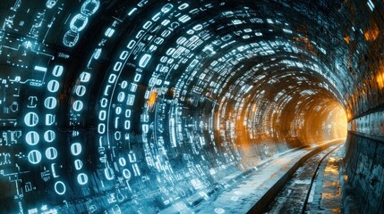 Fototapete - Futuristic high-tech environment visual art exploring digital data flow in urban tunnels Blur Background