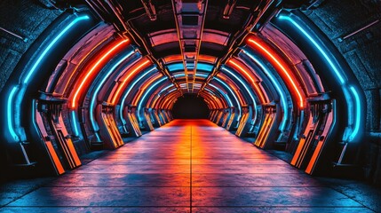 Fototapete - Dynamic neon tunnel experience futuristic location digital art dark environment wide angle view