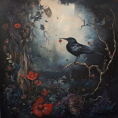 Poster - Raven in a Dark Enchanted Forest