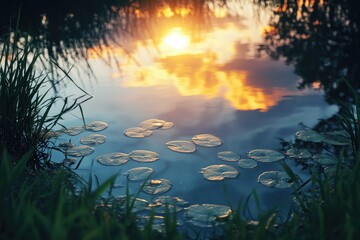 Sticker - Pond with Water Lilies at Sunset