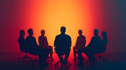 Wall Mural - Silhouetted Group in Meeting Facing Orange and Yellow Gradient Background, Symbolizing Conversation, Collaboration, and Problem-Solving in a Modern Environment