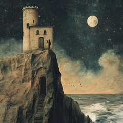 Canvas Print - Solitary Tower on a Cliff at Night