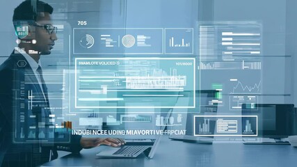 Leinwandbilder - Business professional working at desk with multiple laptops in modern office setting