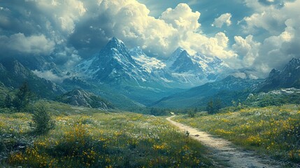 Canvas Print - Majestic Mountain Landscape: A Serene Path Through Wildflowers