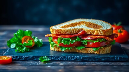 Wall Mural - Delicious toasted sandwich with crispy bacon, ripe tomatoes, and fresh lettuce on a dark stone surface