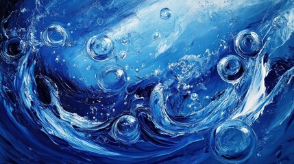 Aufkleber - Abstract depiction of water with bubbles and waves in shades of blue.
