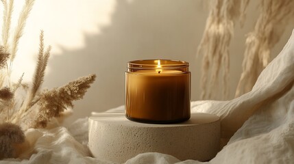 Aufkleber - Cozy Amber Candle in Serene Natural Setting with Soft Textures : Generative AI