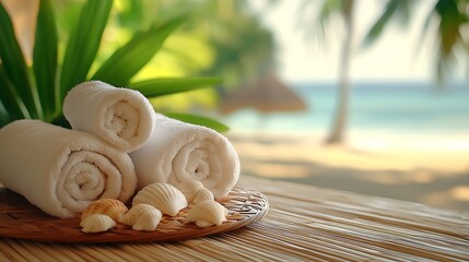 Tropical Spa Retreat with Rolled Towels and Seashells on Bamboo Table : Generative AI