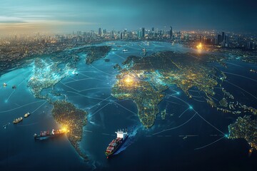 Fototapete - A digital globe illuminated with city lights and interconnected shipping routes, showcasing a vibrant, global trade landscape.