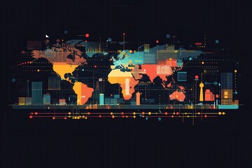 Fototapete - A vibrant, abstract digital world map showcasing cities and data points in a modern, tech-inspired design.
