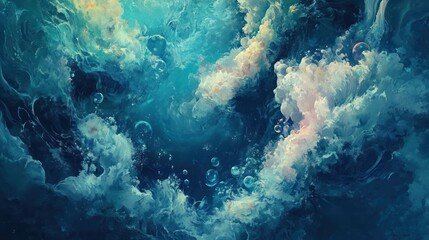 Poster - An abstract representation of underwater waves and bubbles in vibrant blues and whites.