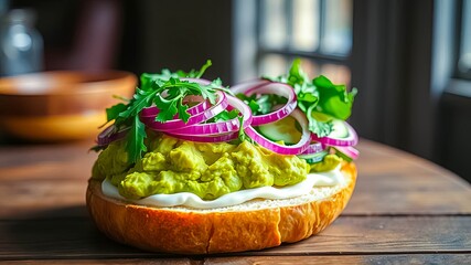 Wall Mural - Delicious open-faced sandwich with creamy avocado spread, red onion, cucumber, and fresh herbs on a toasted bun