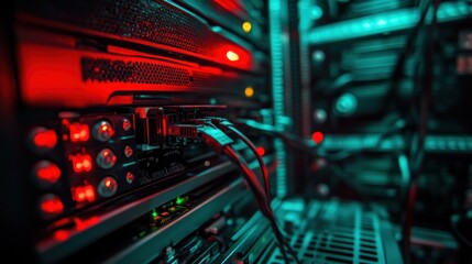 Fototapete - Close-up of a server rack with illuminated components and connected cables.