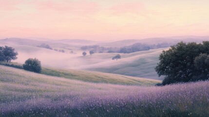 Wall Mural - Misty Morning in Tuscany: Lavender Fields and Rolling Hills