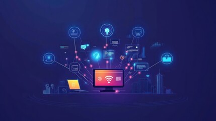 Aufkleber - Digital illustration of interconnected devices and data symbols representing technology and connectivity.