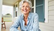 © Krasavina Alena - Happy elderly woman sitting on porch in blue shirt with bright smile