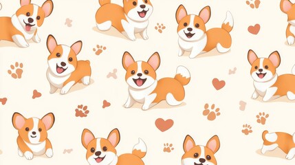  56.Seamless pattern featuring cartoon corgis in various playful poses on a light pastel background; cute corgis with round eyes and fluffy tails, some running, others sitting or sleeping; pattern