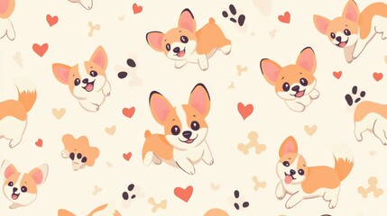  56.Seamless pattern featuring cartoon corgis in various playful poses on a light pastel background; cute corgis with round eyes and fluffy tails, some running, others sitting or sleeping; pattern