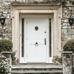 Wall Mural - White door with wrought iron handles and vintage stone framing, creating a timeless look.