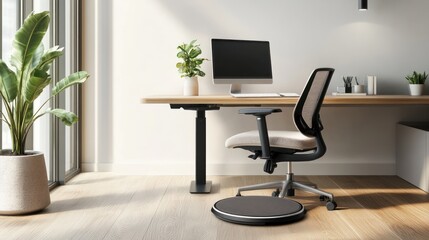 Poster - Modern workspace featuring a desk, chair, computer, and plants for a productive environment.