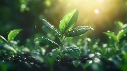 Aufkleber - Closeup of Dew Covered Seedling in Early Morning Light in a Lush Garden : Generative AI