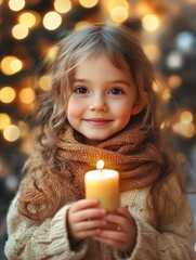 Poster - Happy small girl standing indoors at Christmas, holding candle.