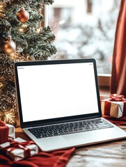 Wall Mural - Laptop computer with white blank empty mock up screen on Merry Christmas table with presents gifts, decorated Xmas tree in Santa house background. Ecommerce website online shopping delivery, banner