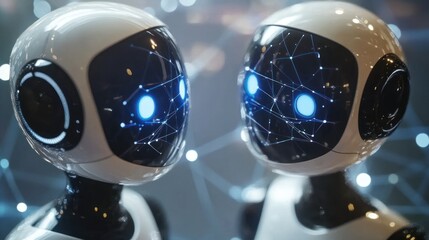 Fototapete - Two humanoid robots with glowing eyes and network patterns on their surfaces.