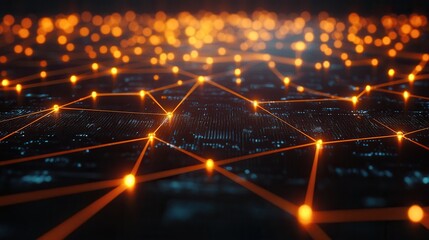 Fototapete - A vibrant digital network connecting nodes with glowing orange lights, representing data flow and technological interaction in a modern, abstract setting.