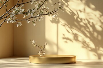 Wall Mural - Elegant golden podium with blooming branches in sunlight.