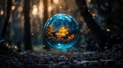 Poster - A floating orb shifting through time and space enchanted forest digital art mystical environment surreal viewpoint