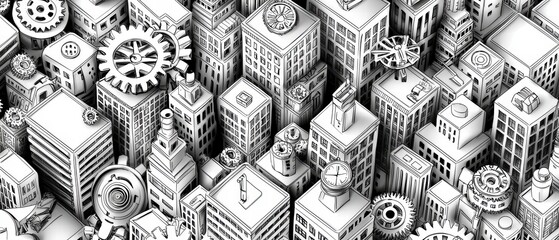 Wall Mural - Mechanical Metropolis Gears and Cityscapes.