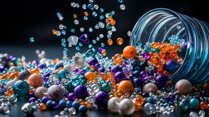 Poster - Beads spilling from open container creative studio photography dark environment close-up colorful chaos