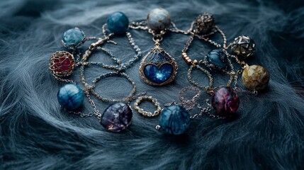Poster - Exquisite jewelry display of delicate necklaces bracelets and rings artistic studio close-up radiant elegance