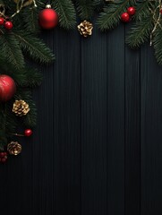 Wall Mural - Merry Christmas and Happy New Year, postcard with garland, Christmas tree branches and black wood texture on the background