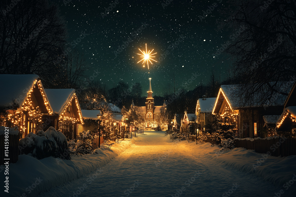 Magical winter village with festive lights and a starry sky on a snowy ...