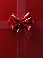 Wall Mural - Close-up shot of red shiny gift bow on red ribbon forming plus sign.