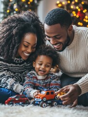 family, winter holidays and people concept - happy african american mother, father and little son with toy cars at home on christmas