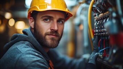 Confident male engineer in hard hat, working on industrial machinery.