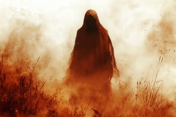 A mysterious figure shrouded in darkness stands amidst swirling orange fog, evoking a sense of intrigue and foreboding.