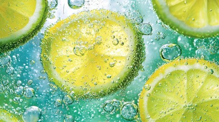 Fresh lemon slices in sparkling water create a vibrant and refreshing drink appearance, perfect for summer or beverage promotions.